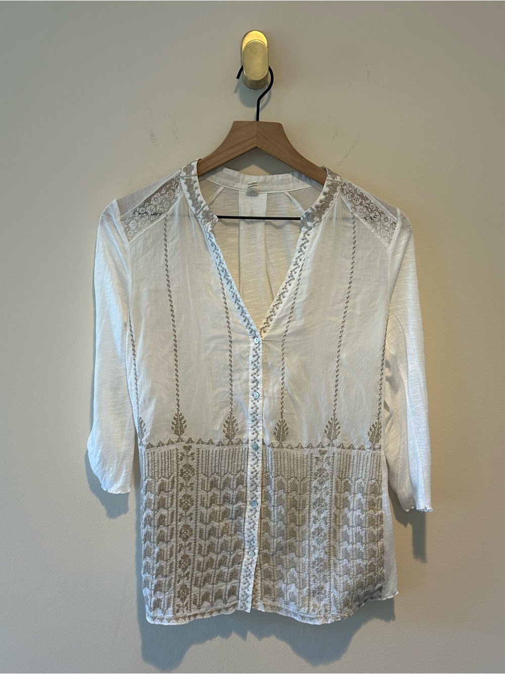 Tiny Brand Women’s Shirt VNeck White Button-Front Blouse Boho Lace Anthropologie